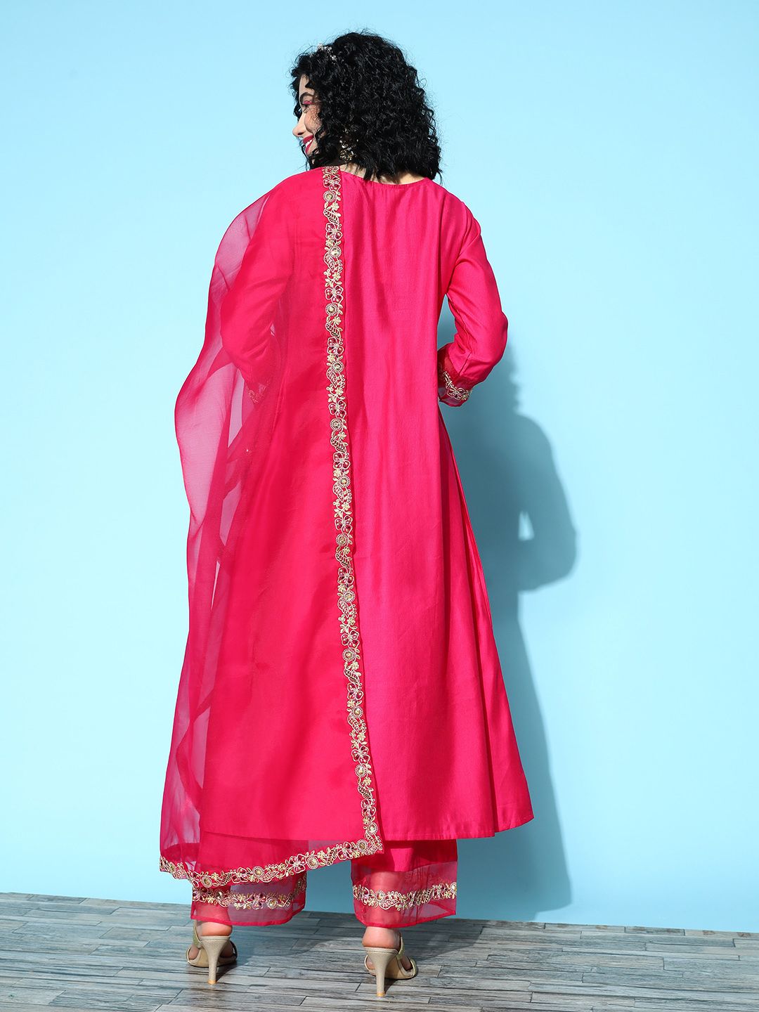Indyancart IE Women Fuchsia Ethnic Motifs Embroidered Kurta with Palazzos & With Dupatta