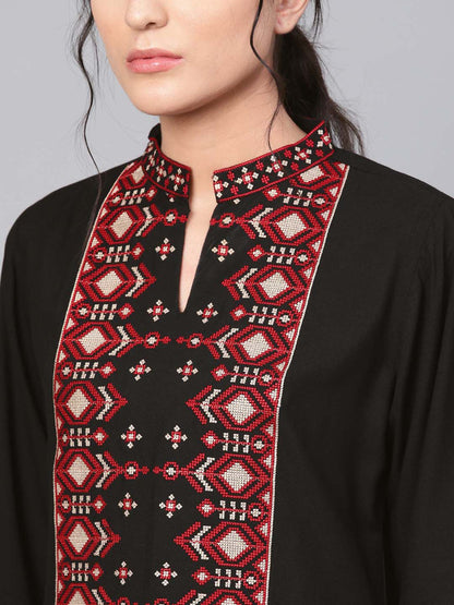 Dhiyona IE Women Black Ethnic Motifs Yoke Design Kurta