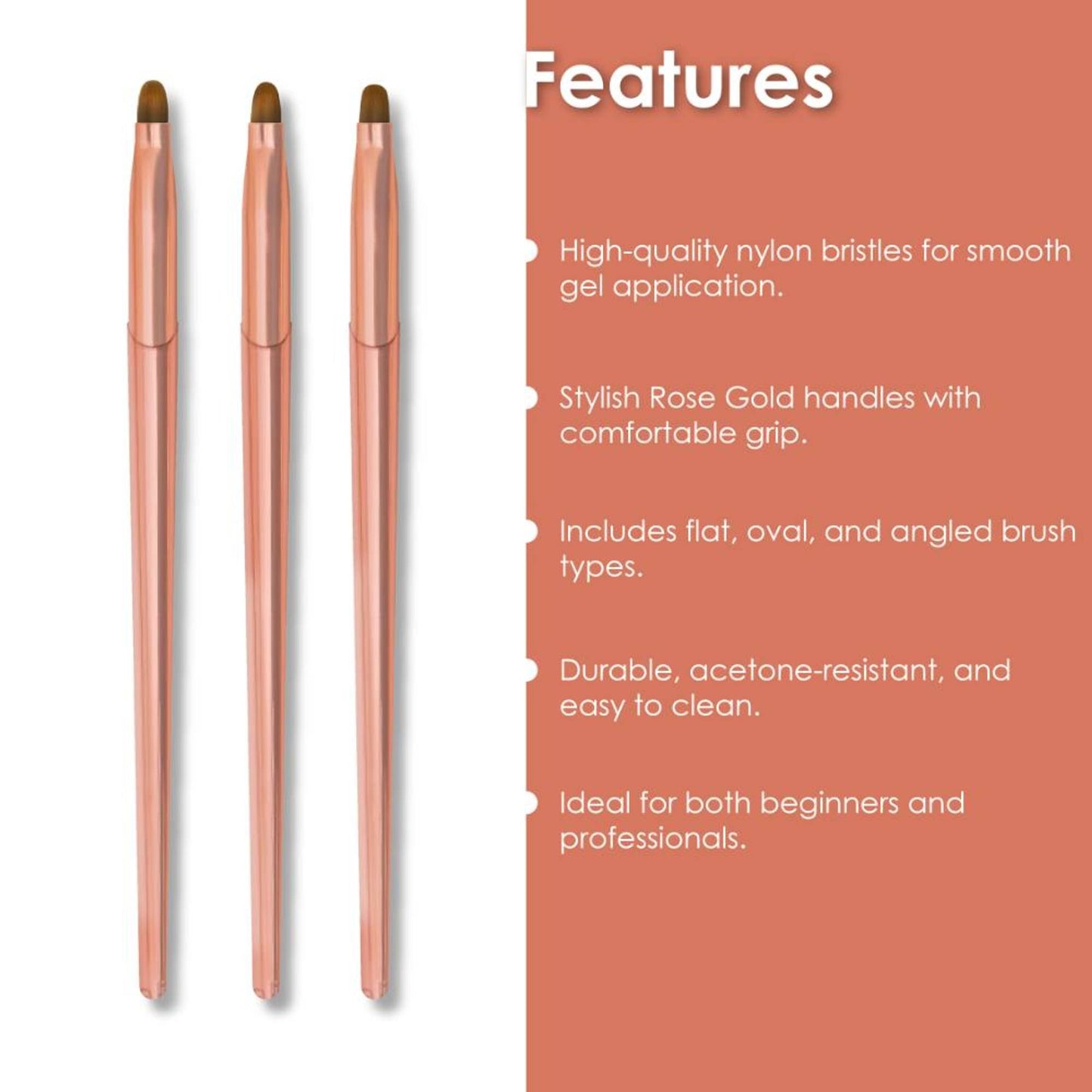 Shills Professional Rose Gold Gel Art Brush 3pcs