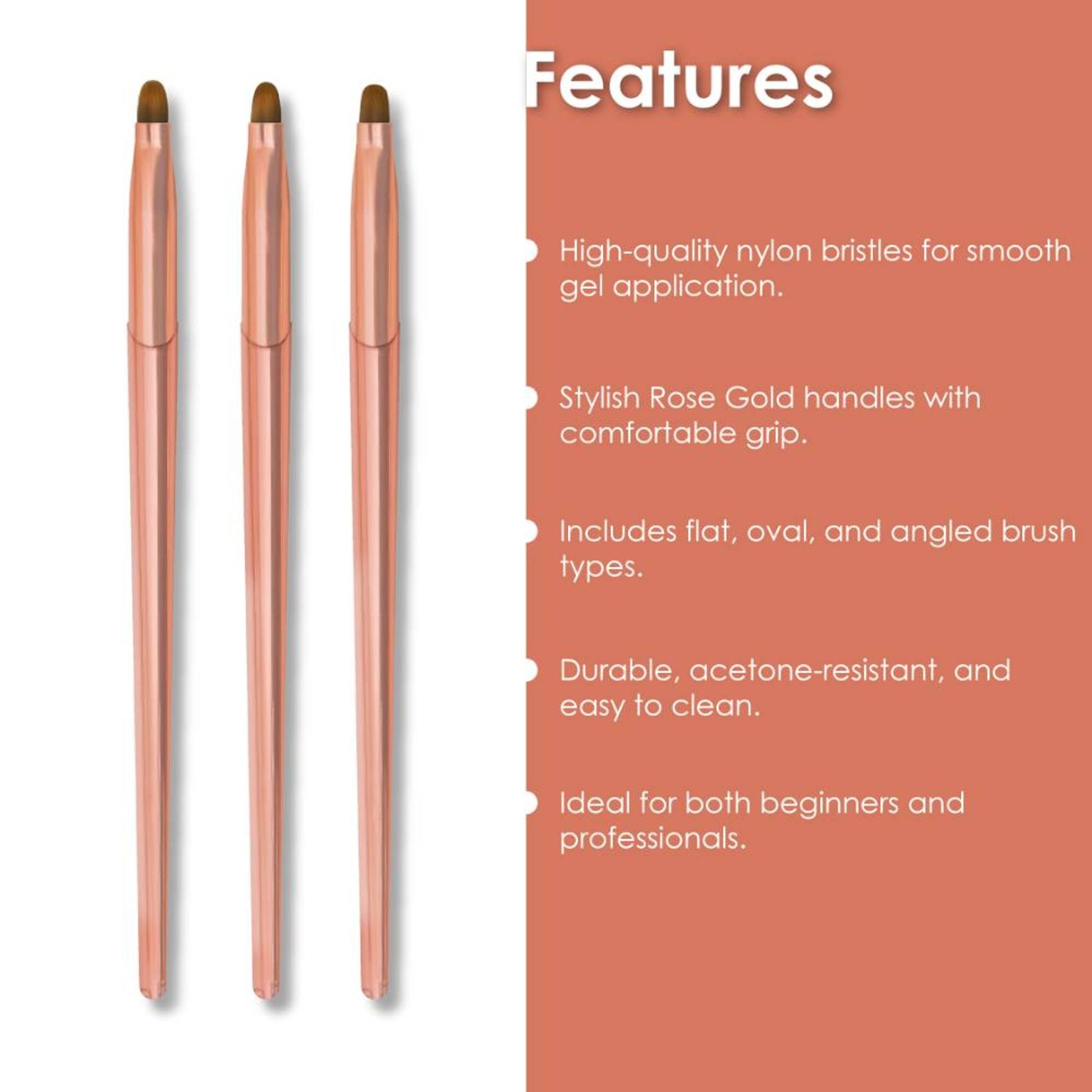 Shills Professional Rose Gold Gel Art Brush 3pcs