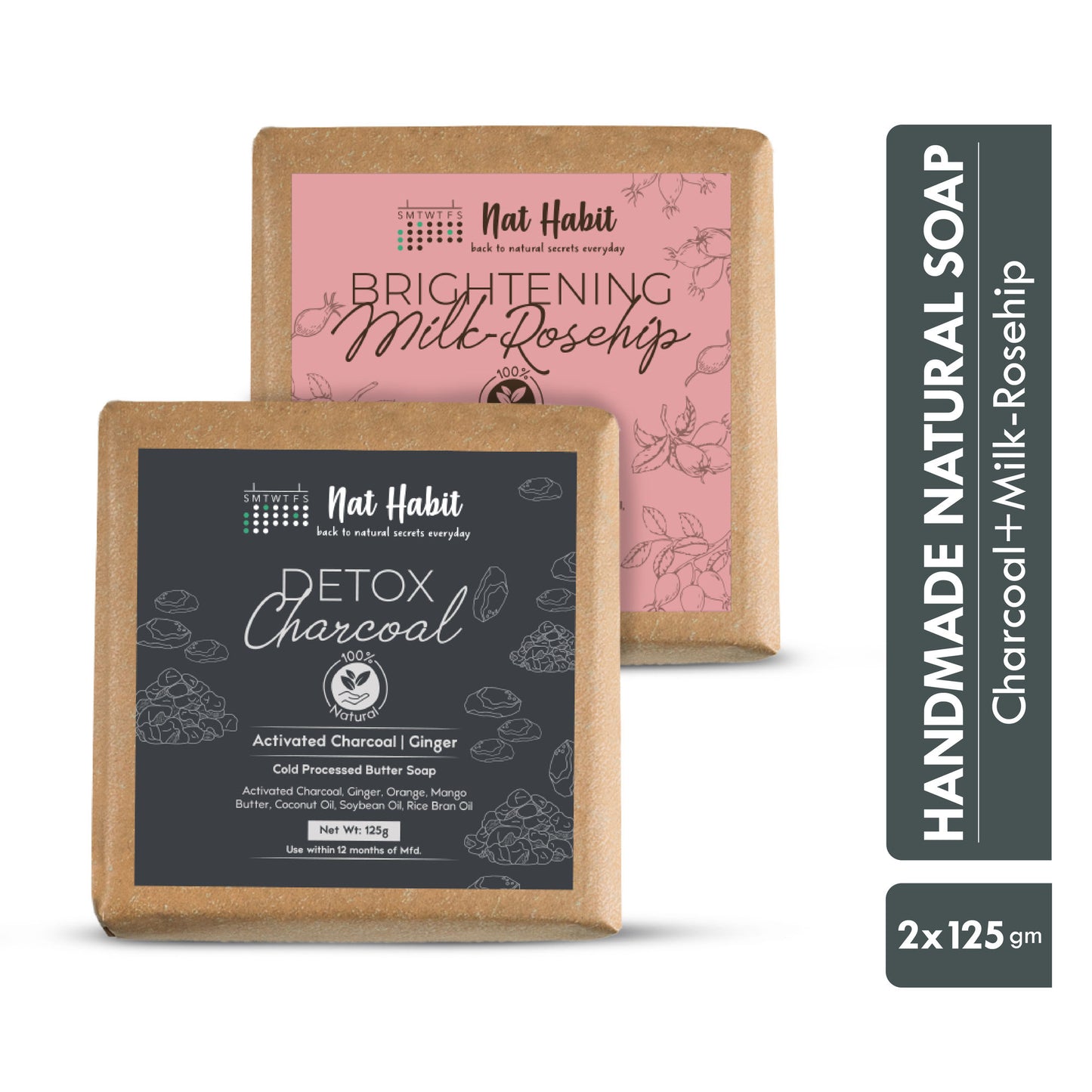 Nat Habit Set Of Brightening Milk Rosehip & Detox Charcoal Butter Bath Soaps Combo