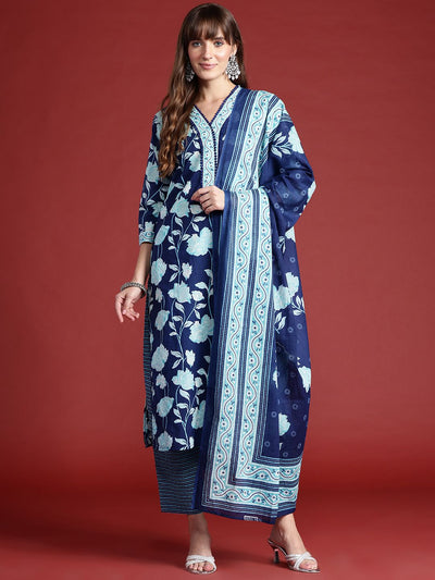 Indyancart IE Floral Printed Pure Cotton Kurta With Trousers & Dupatta
