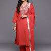 Dhiyona VA Women'sFloral Yoke Design V-Neck Thread Work Straight Kurta With Trousers & Dupatta