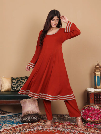 Indyancart VA Women'sSequinned Silk Crepe Anarkali Kurta with Trousers & With Dupatta