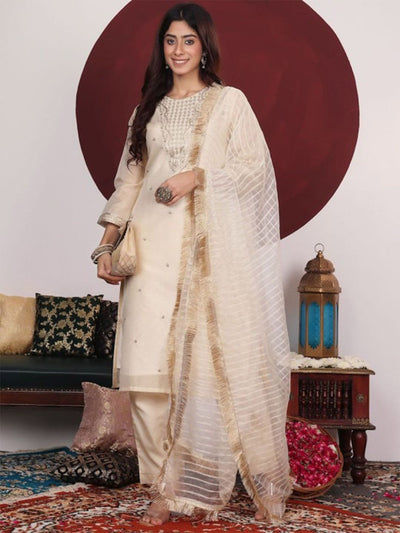 Indyancart VA Women's Floral Woven Design Thread Work Kurta with Trousers & Dupatta