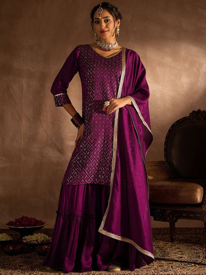 Indyancart IE Geometric Embroidered Sequinned Straight Kurta with Sharara & With Dupatta