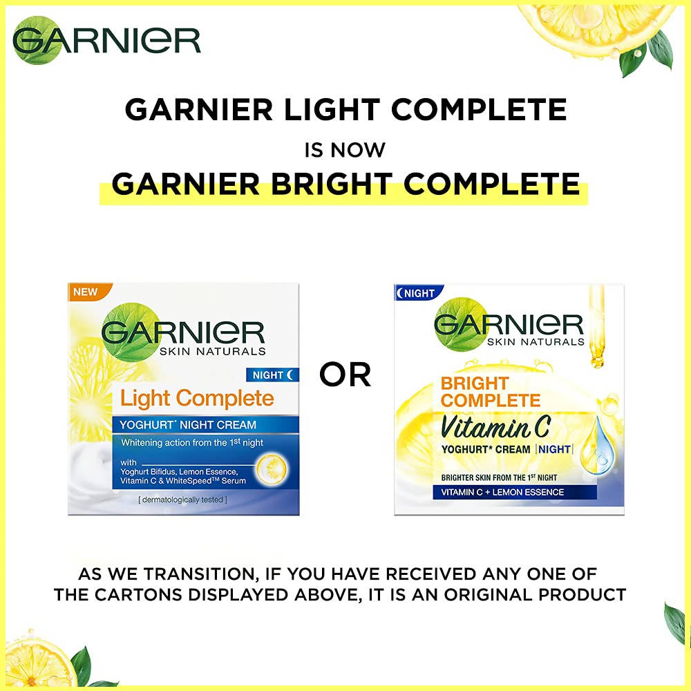 Garnier Bright Complete Vitamin C Yoghurt Night Cream jar with a white and orange label, shown with product packaging.
