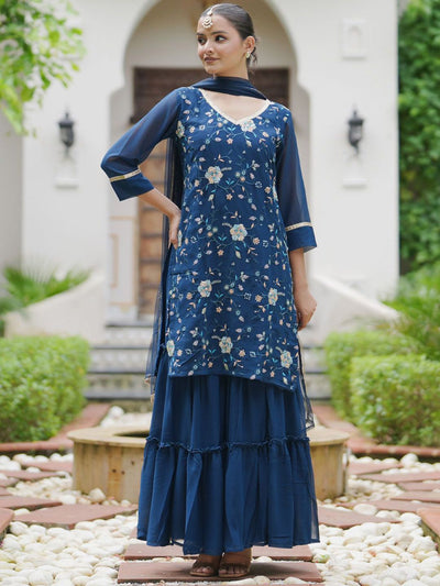 Indyancart IE Women Floral Embroidered Regular Sequinned Kurta with Sharara With Dupatta