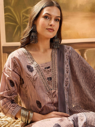 Indyancart SN Women's Women's Grey Floral Printed Cotton Blend Straight Kurta Pant Dupatta Set