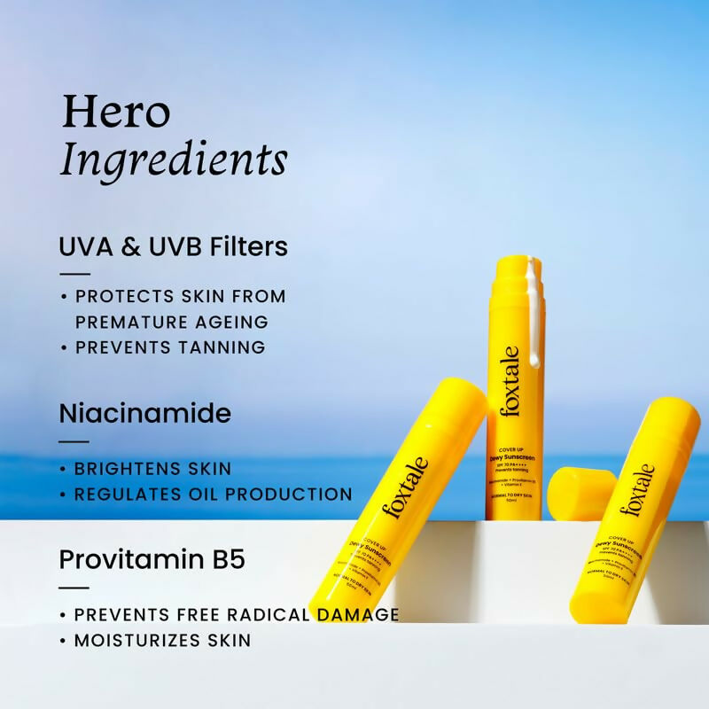Foxtale Dewy Sunscreen SPF 70 PA++++ with Niacinamide, Vitamin E, and Provitamin B5, showing the sunscreen tube with a dewy finish.