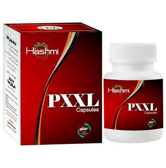 Hashmi Pharmacy PXXL Unani capsules for men, featuring the herbal supplement in a clear blister pack.