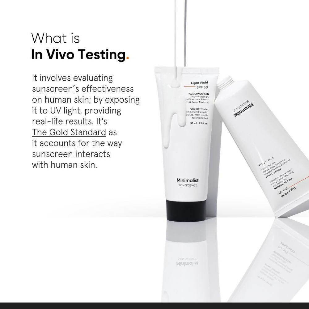 Minimalist lightweight fluid face sunscreen with SPF 50 PA++++, water and sweat resistant, suitable for daily sun protection.
