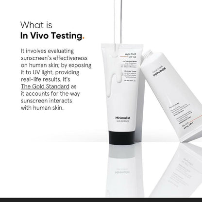Minimalist lightweight fluid face sunscreen with SPF 50 PA++++, water and sweat resistant, suitable for daily sun protection.