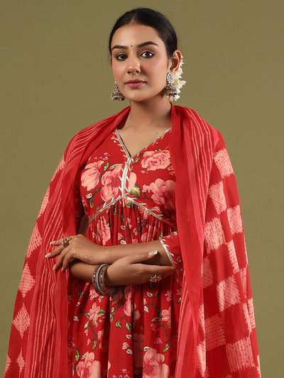 Dhiyona IE Floral Printed Empire Gotta Patti Pure Cotton Kurta With Trousers & Dupatta
