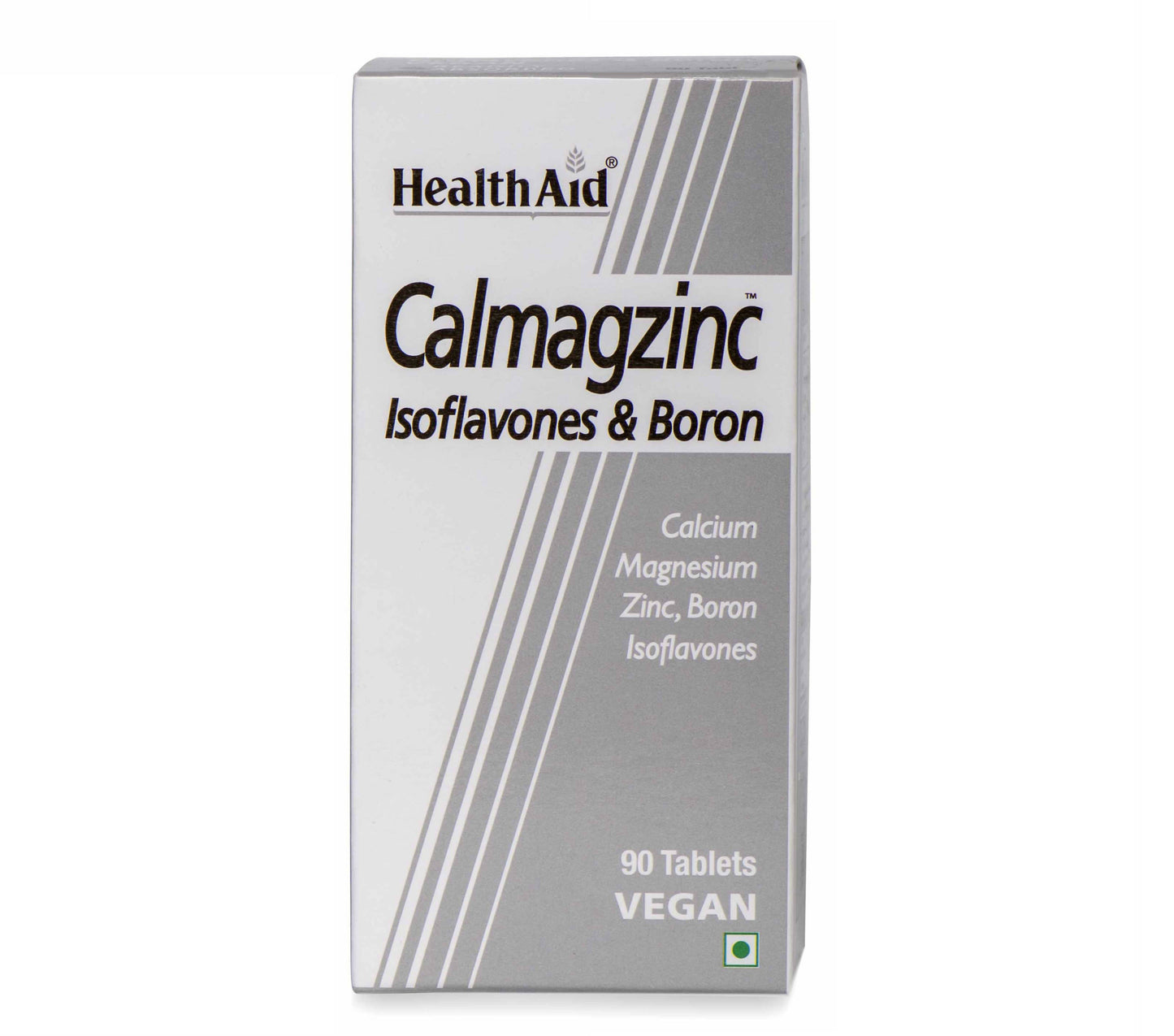 HealthAid Calmagzinc Ayurvedic tablets shown in blister pack, containing calcium, magnesium, and zinc supplements.