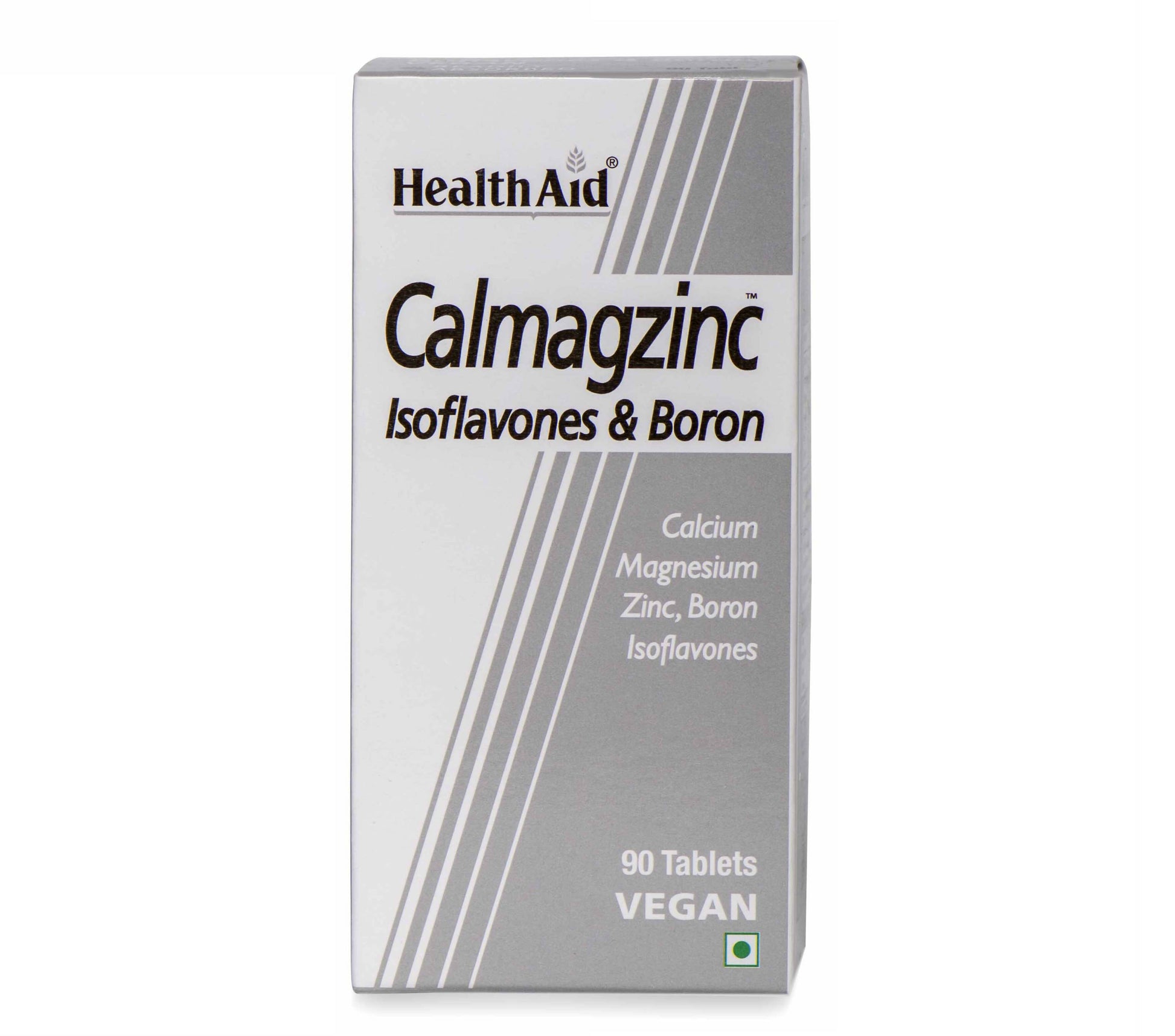 HealthAid Calmagzinc Ayurvedic tablets shown in blister pack, containing calcium, magnesium, and zinc supplements.