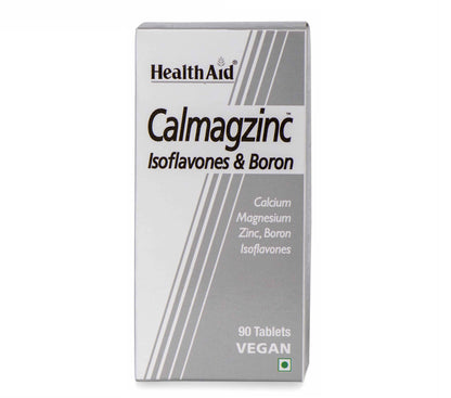 HealthAid Calmagzinc Ayurvedic tablets shown in blister pack, containing calcium, magnesium, and zinc supplements.
