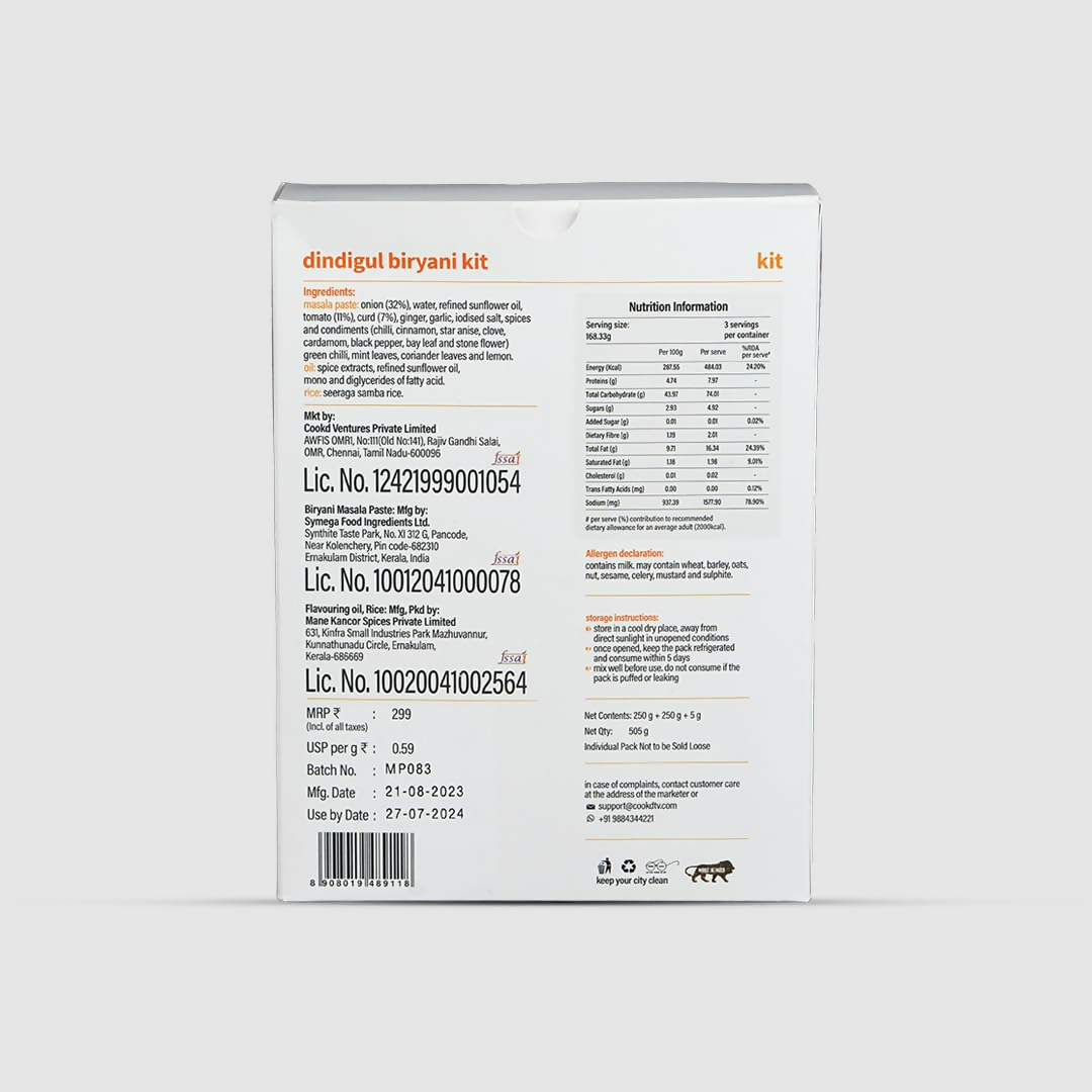 Cookd Dindigul Biryani Kit with Biryani Masala, featuring spices and ingredients for authentic Dindigul-style biryani.