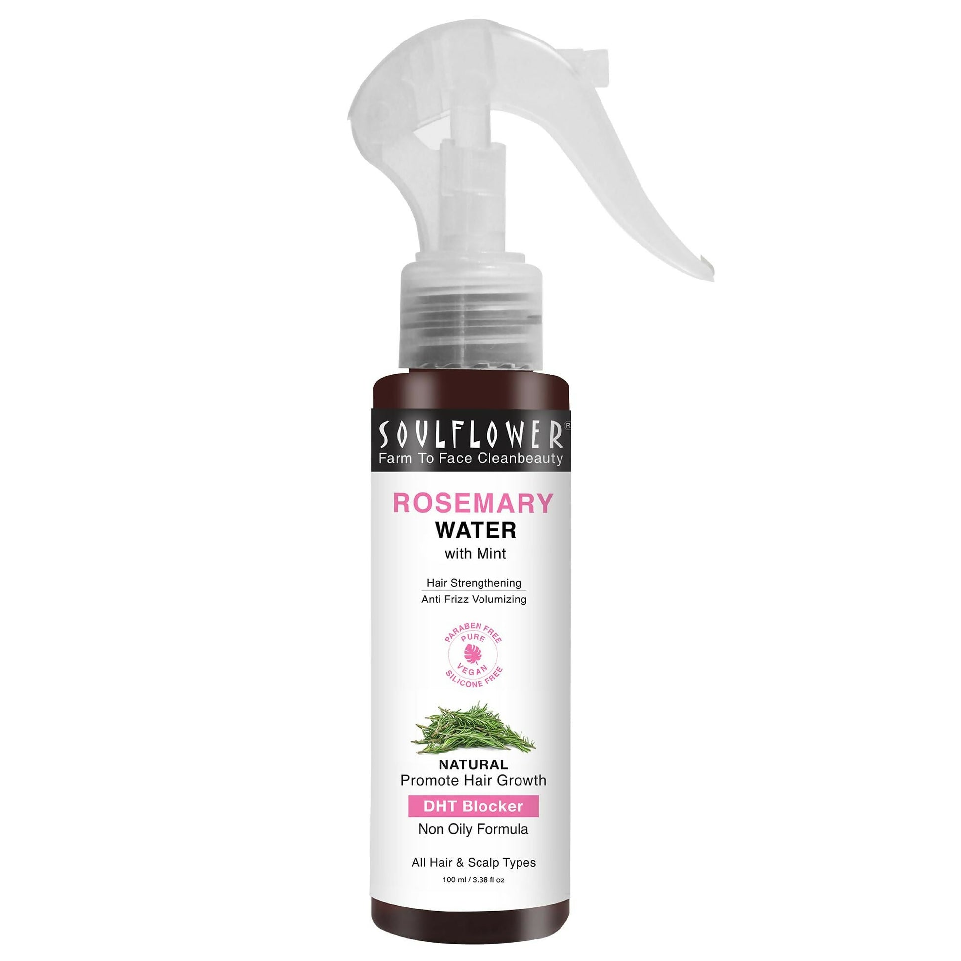 Soulflower Rosemary Water Spray with Mint for hair growth, scalp health, and anti-frizz control in a clear spray bottle.