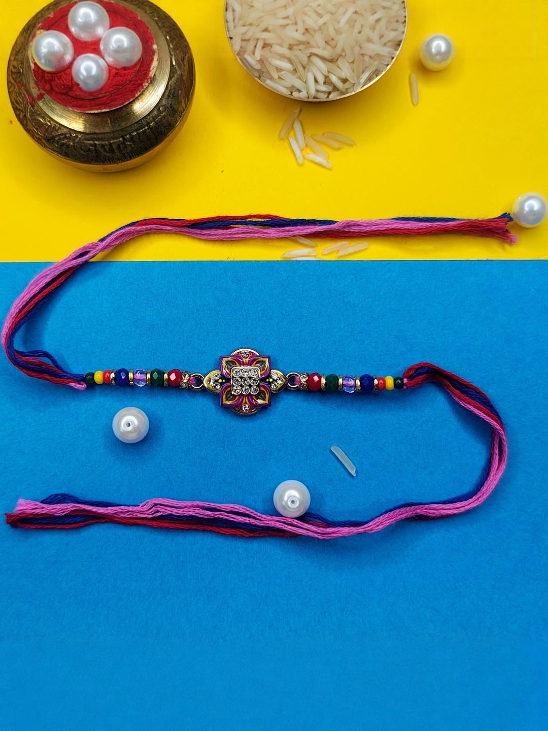 Anouk Set Of 3 Beaded Cotton Thread with AD Stones & Meenakari Designer Rakhi for Brother