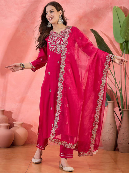 Indyancart SN Women's Floral Embroidered Notch Neck Zari Straight Kurta With Trouser & Dupatta