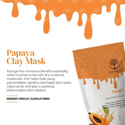 Wild Organic Papaya Clay Mask Powder in a jar, natural face mask product with orange and green clay ingredients, suitable for skincare.