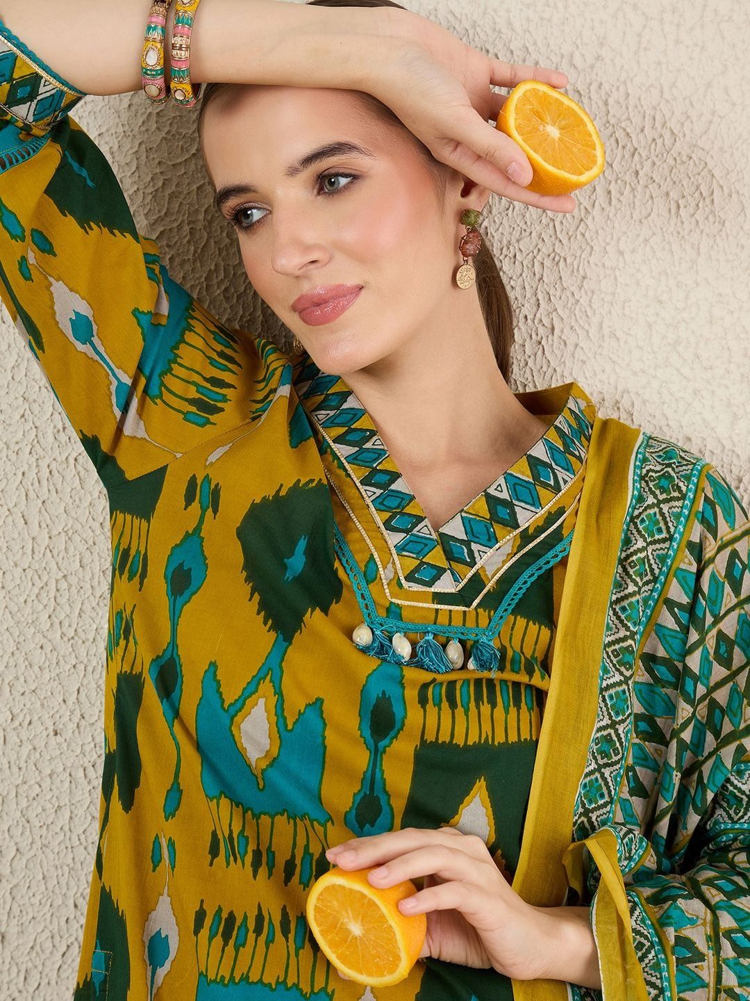 Women Ethnic Motifs Printed Regular Thread Work Pure Cotton Kurta with Trousers & With Dupatta