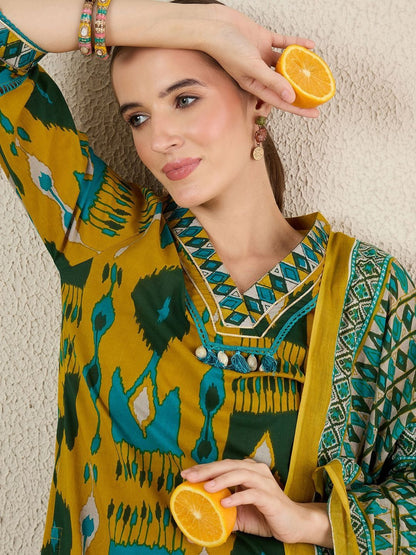 Women Ethnic Motifs Printed Regular Thread Work Pure Cotton Kurta with Trousers & With Dupatta