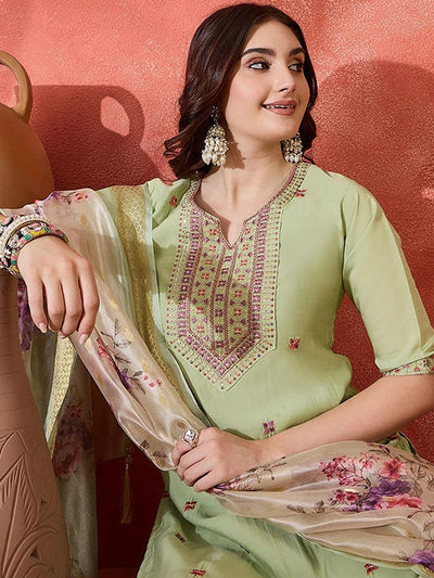 Indyancart SN Women's Floral Embroidered Notch Neck Sequinned Straight Kurta With Trousers And Dupatta