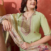 Dhiyona SN Women's Floral Embroidered Notch Neck Sequinned Straight Kurta With Trousers And Dupatta
