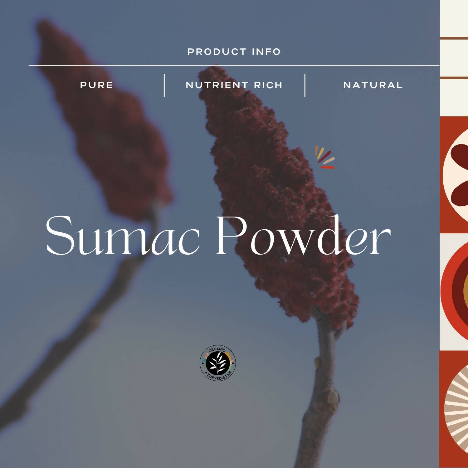 Organic Ayurvedistan Sumac Powder in a glass jar, showcasing vibrant red spice crystals, used in Ayurvedic cooking and wellness.