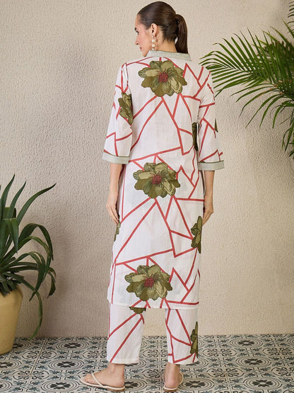 Indyancart IE Floral Printed V-Neck Straight Pure Cotton Kurta With Trousers