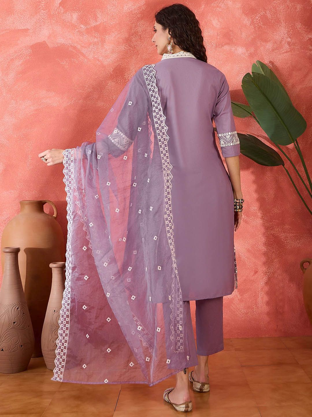 Indyancart SN Women's Floral Embroidered V-Neck Mirror Work Pure Cotton Kurta With Trouser & Dupatta