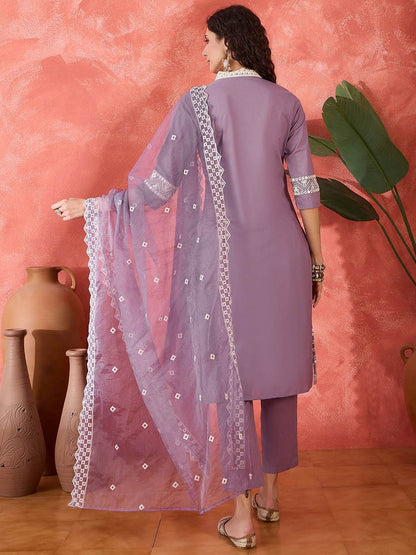Indyancart SN Women's Floral Embroidered V-Neck Mirror Work Pure Cotton Kurta With Trouser & Dupatta