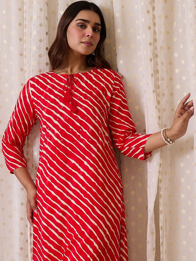 Indyancart IE Women Leheriya Printed Regular Sequinned Kurta with Trousers