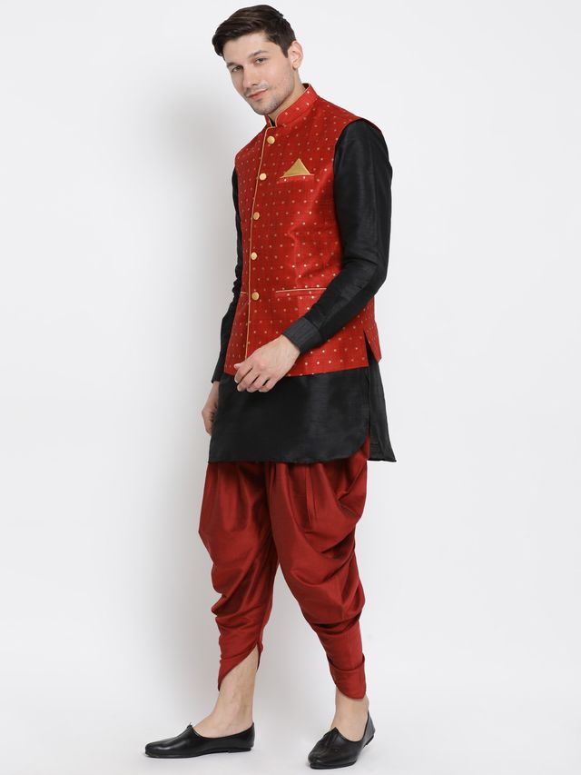 Men's Black Silk Blend Straight Jacket  Kurta and Dhoti Set