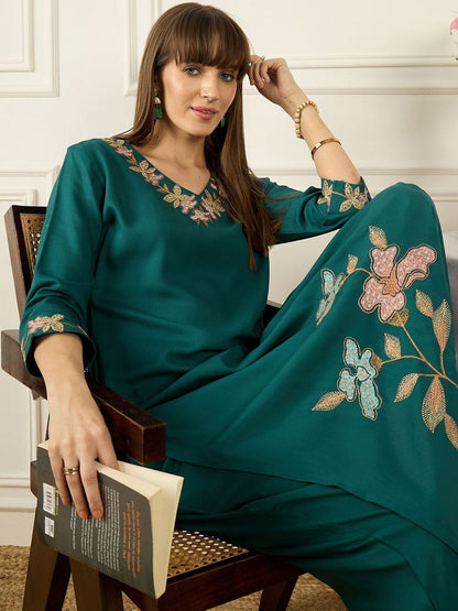 Floral Printed Thread Work Pure Cotton Kurta With Palazzos