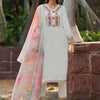 Dhiyona IE Off White Floral Embroidered V-Neck Pure Cotton Kurta with Trousers & Dupatta