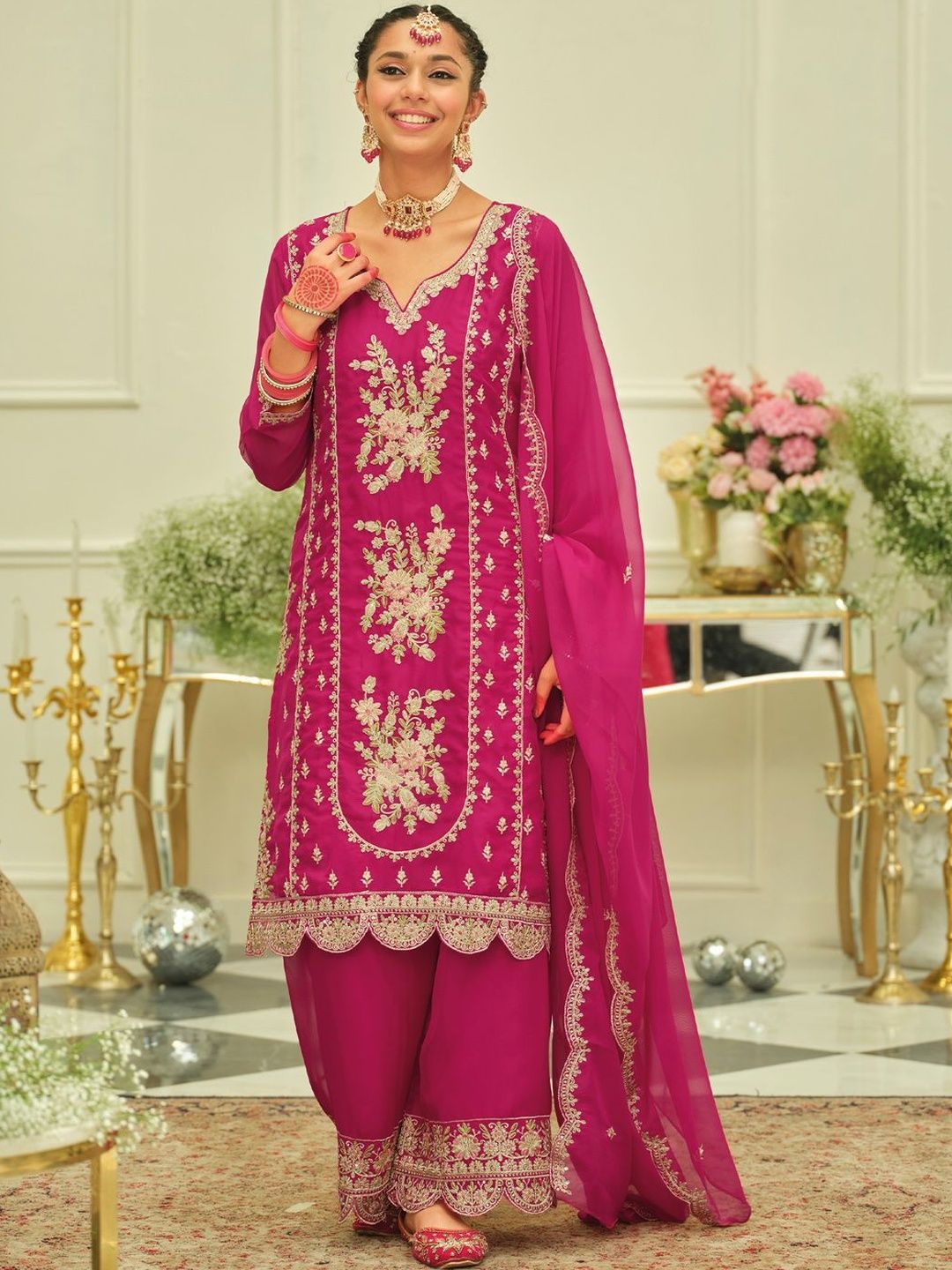 Ethnic Motifs Embroidered Thread Work Kurta With Patiala & Dupatta