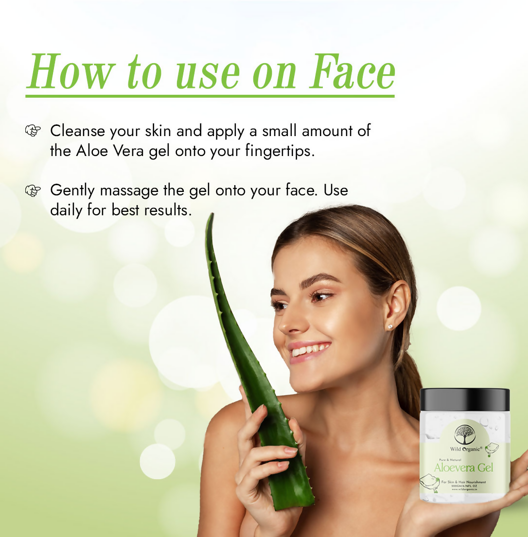 Wild Organic pure aloe vera gel in a clear jar, natural face gel with fresh aloe vera leaves visible in the background.