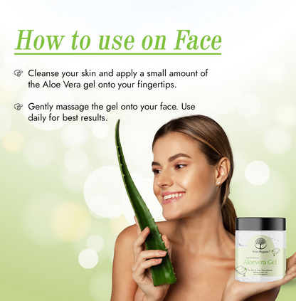 Wild Organic pure aloe vera gel in a clear jar, natural face gel with fresh aloe vera leaves visible in the background.