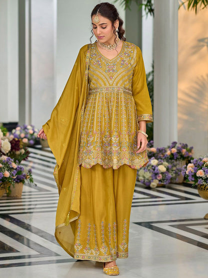 Indyancart IE Ethnic Motifs Embroidered V-Neck Sequinned Anarkali Kurti with Palazzos & Dupatta