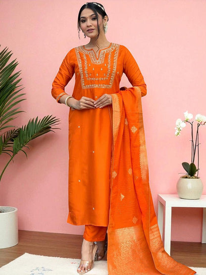 Indyancart SN Women's Floral Embroidered Thread Work Notch Neck Straight Kurta With Trouser And Dupatta
