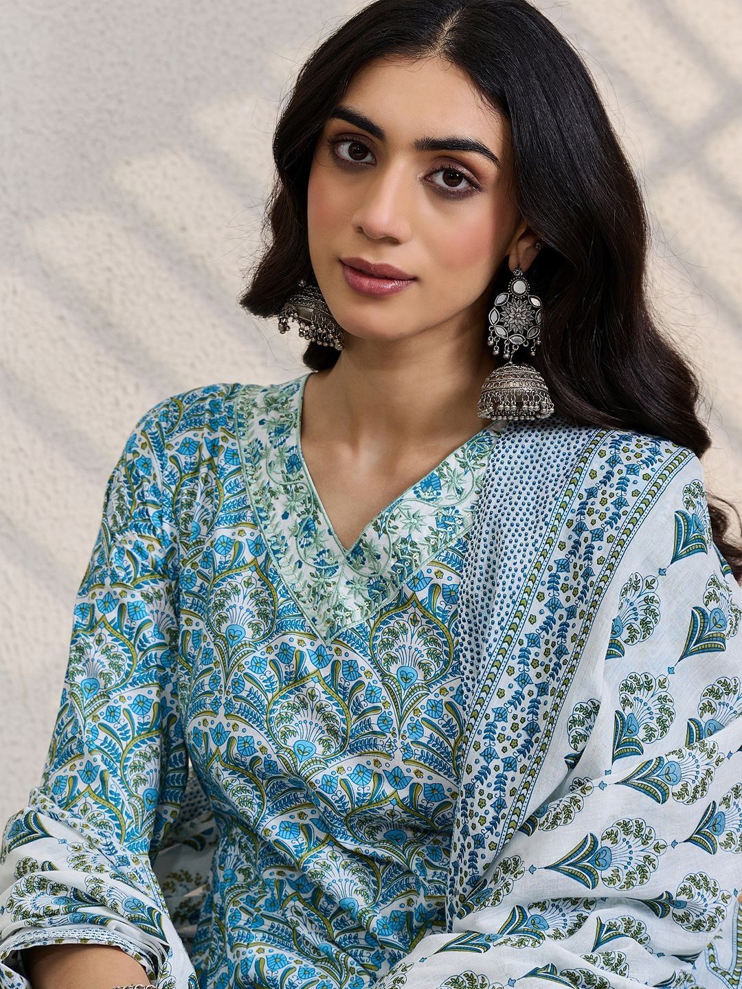 Women Ethnic Motifs Printed Regular Thread Work Pure Cotton Kurta with Trousers & With Dupatta