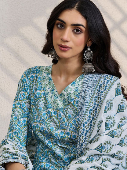 Women Ethnic Motifs Printed Regular Thread Work Pure Cotton Kurta with Trousers & With Dupatta
