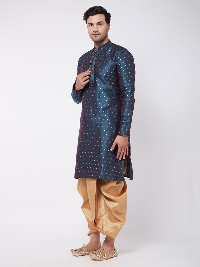 Men's Blue Silk Blend Straight Kurta and Dhoti Set