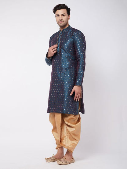 Men's Blue Silk Blend Straight Kurta and Dhoti Set
