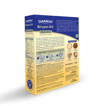Daawat Hyderabadi Biryani Kit with authentic Biryani Masala, featuring spices and ingredients for traditional Hyderabadi biryani.
