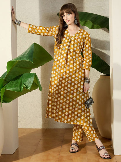 Women Mustard Printed Regular V-Neck Pure Cotton Kurta Sets