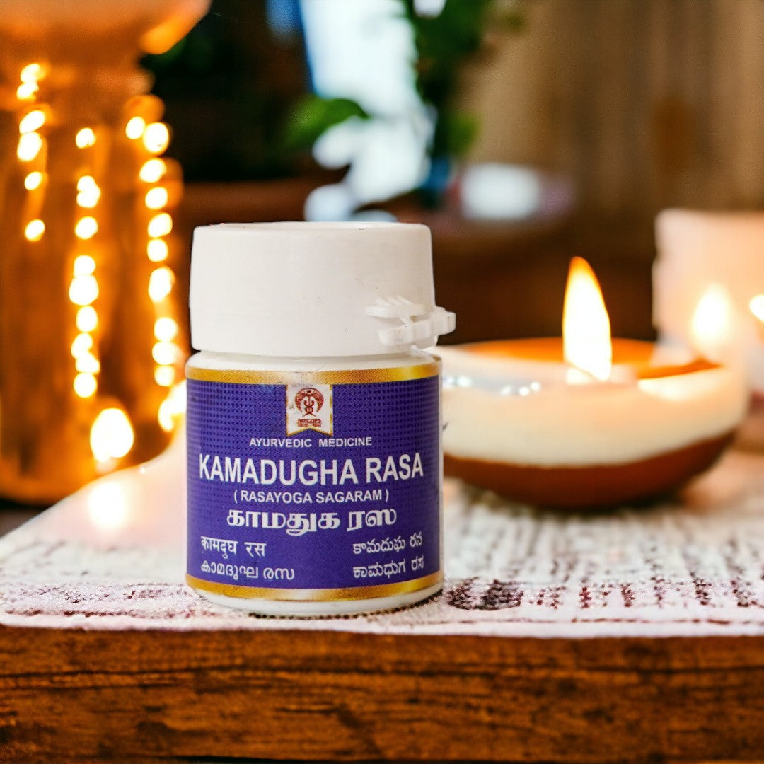 Impcops Kamadugha Rasa Ayurvedic herbal supplement in a glass jar with label and traditional packaging.